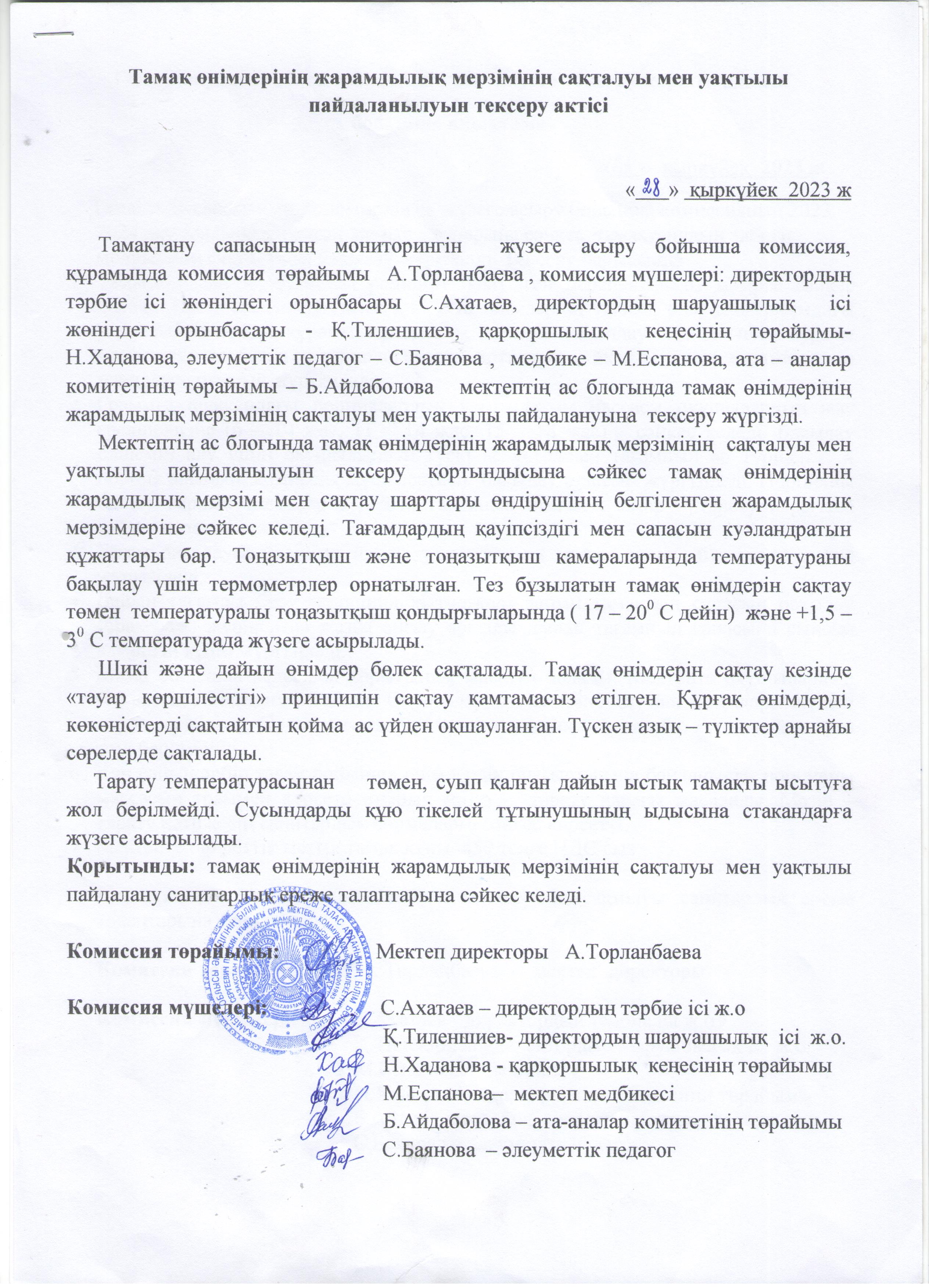 Тамақ өнімдерінің жарамдылық мерзімінің сақталуы мен уақтылы пайдаланылуын тексеру актісі